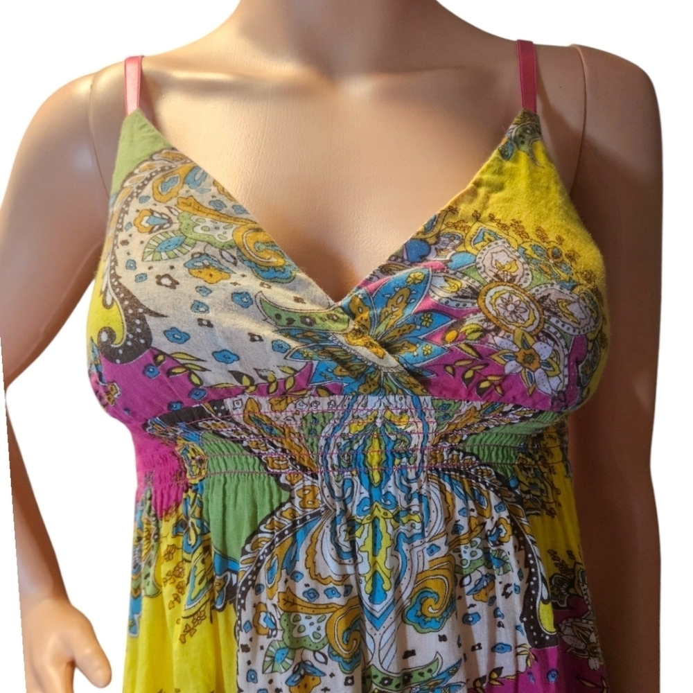 WM Y2K Paisley Print Babydoll Smocked Waist Tank Top Sz M Fairy Boho Peasant - Picture 2 of 13